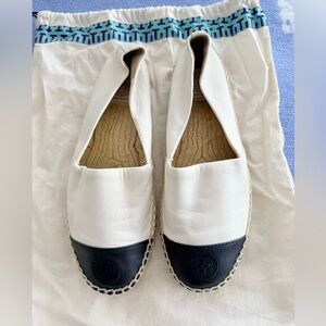 Tory Burch Leather White and Black Espadrilles
